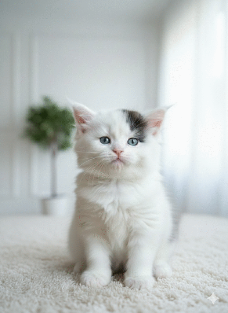 Tigercooncat Marshmello, Black Harlequin male Maine Coon kitten, fluffy like a white bear with blue eyes